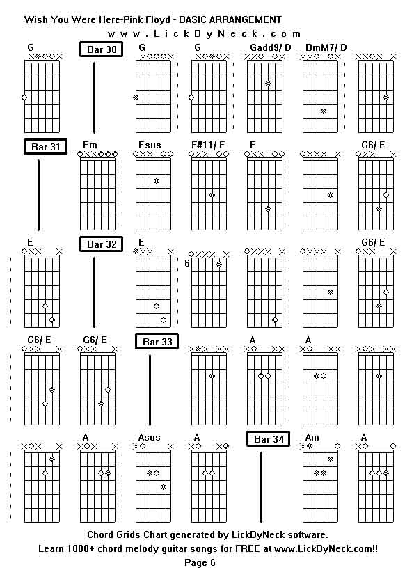 Chord Grids Chart of chord melody fingerstyle guitar song-Wish You Were Here-Pink Floyd - BASIC ARRANGEMENT,generated by LickByNeck software.